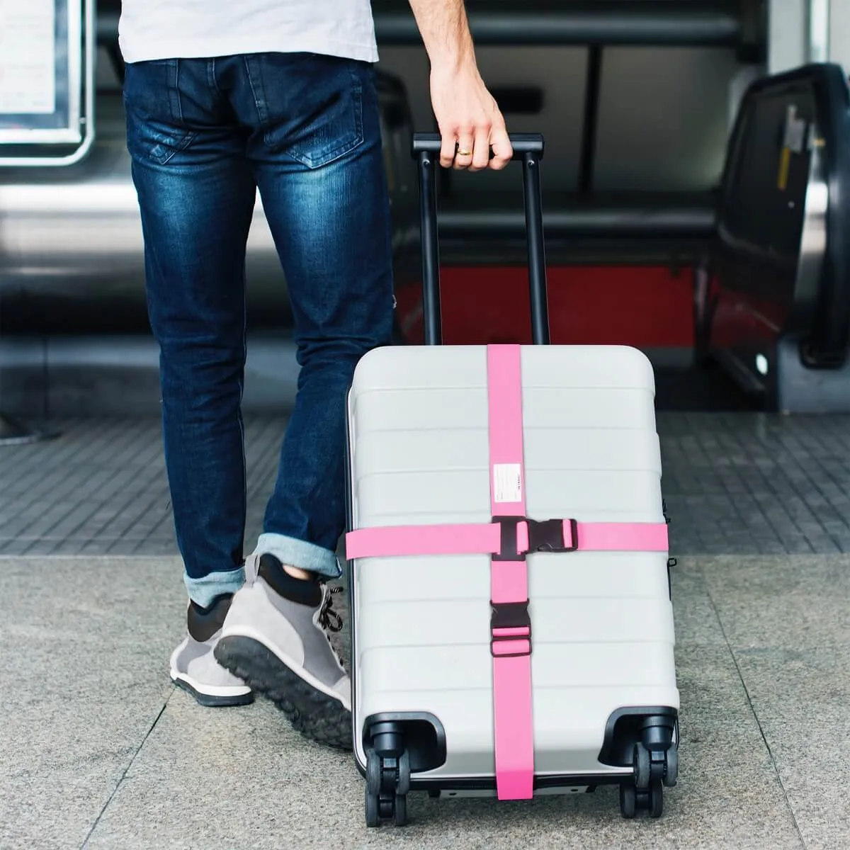 Pink luggage cross strap suitcase belts with baggage label address tag