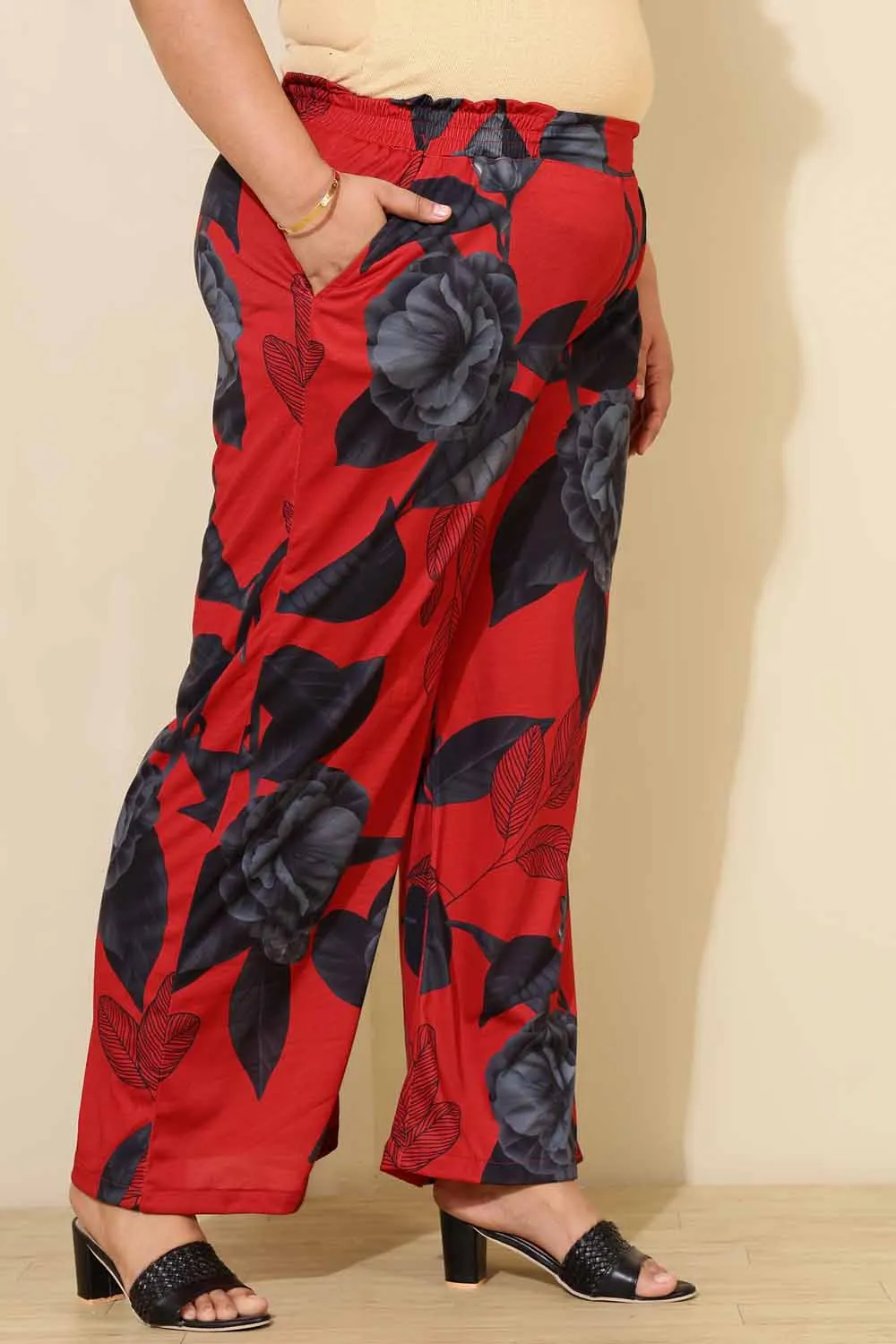 Plus Size Red Floral Print Pants