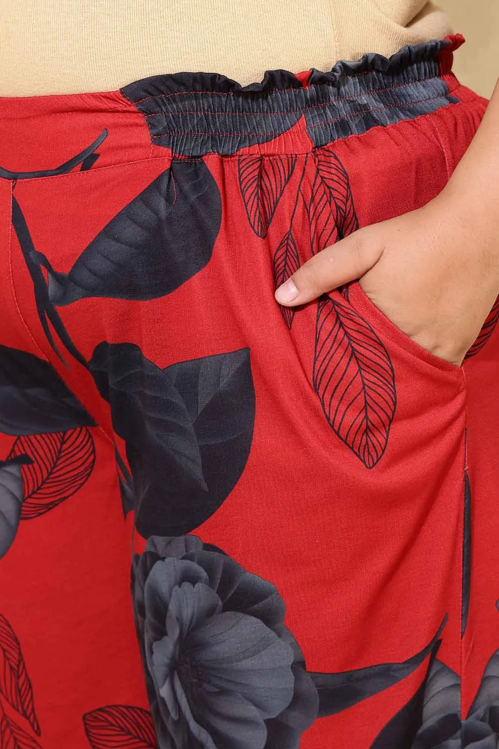 Plus Size Red Floral Print Pants
