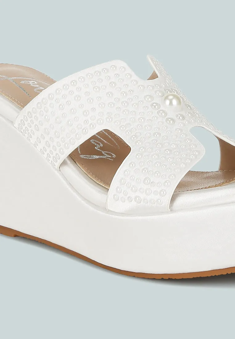 Satin Pearl Detail Wedge Sandals by RUW