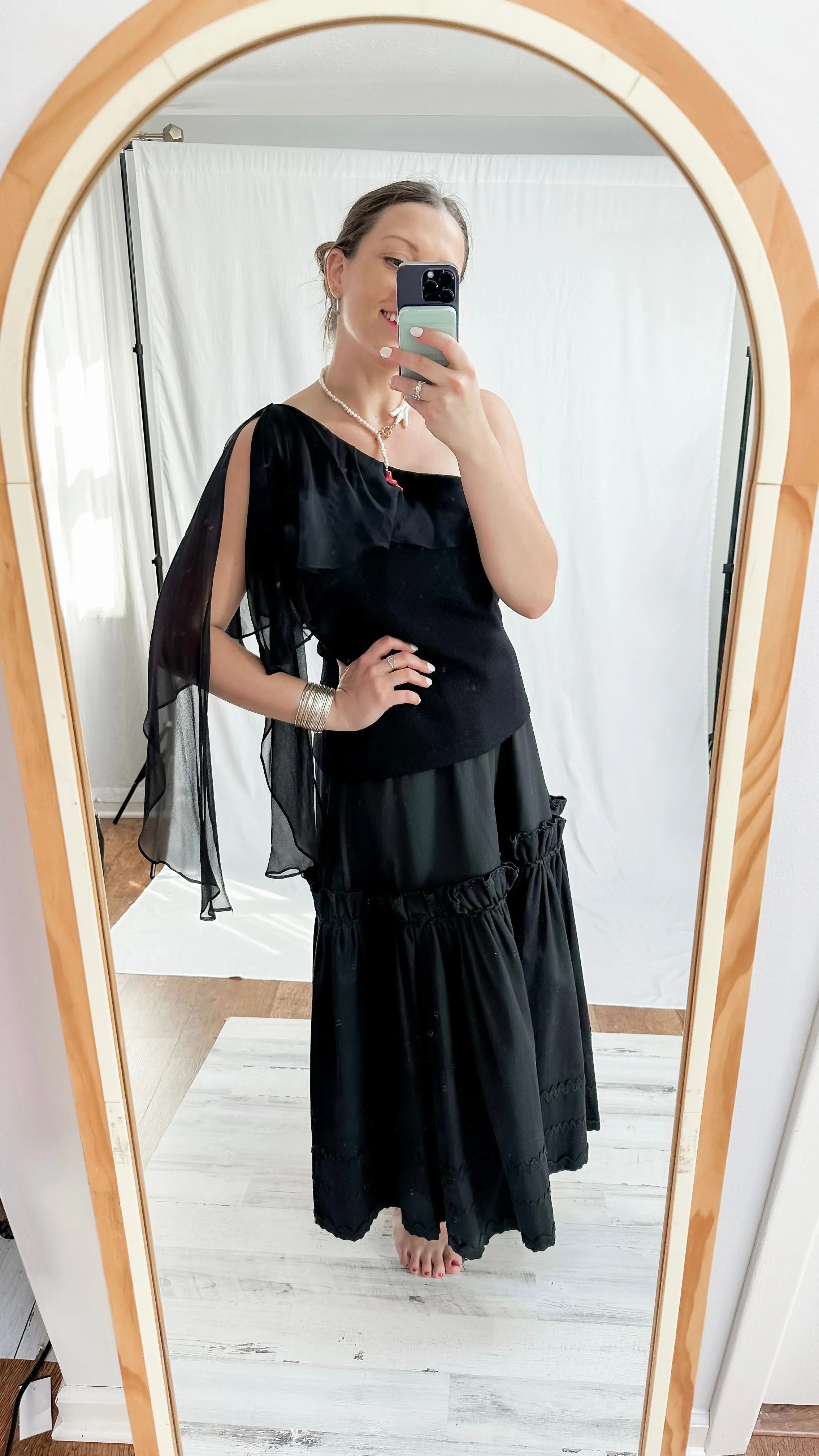 St. John Black Knit & Chiffon Single Shoulder Top (12 or L)