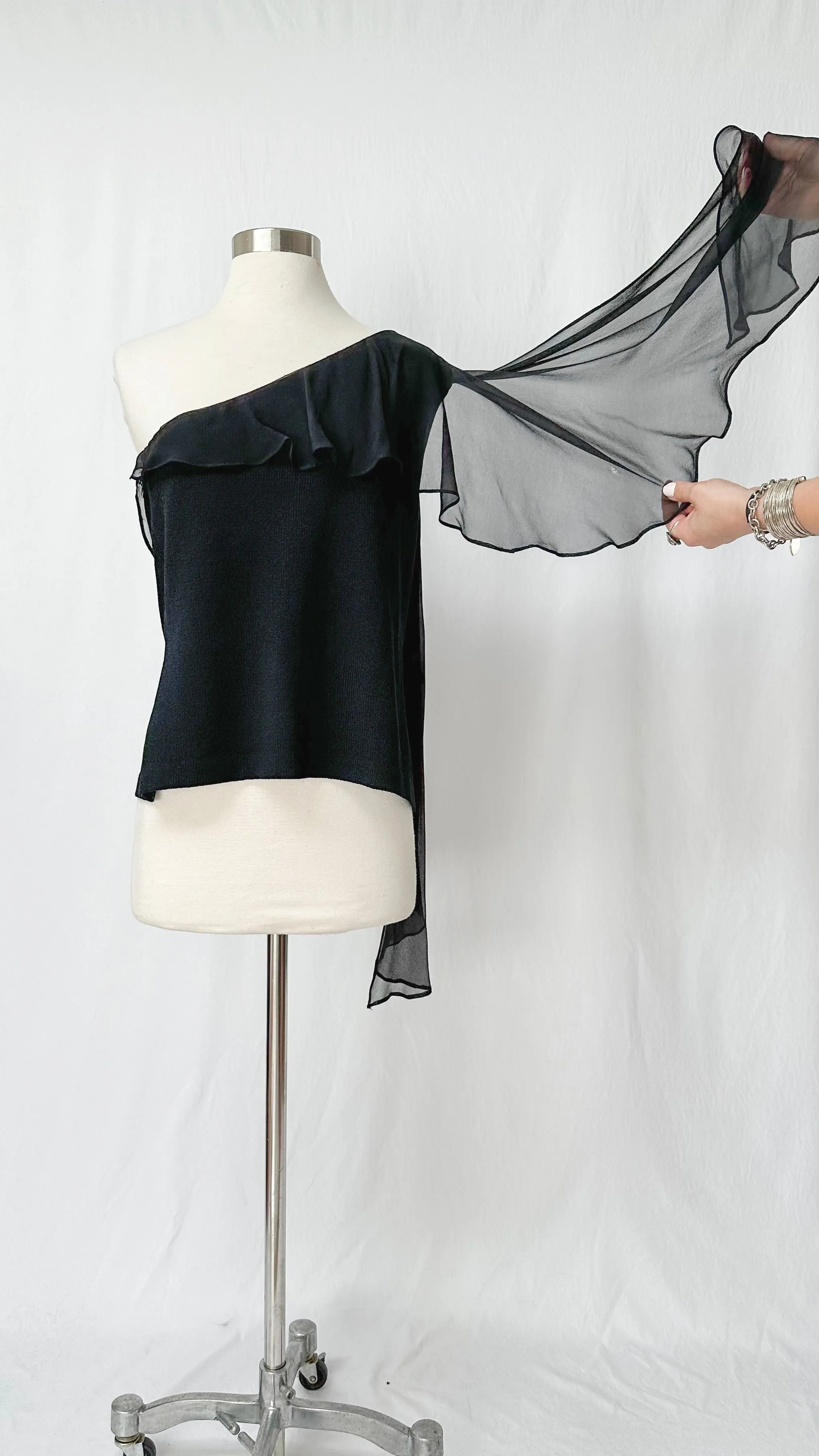 St. John Black Knit & Chiffon Single Shoulder Top (12 or L)