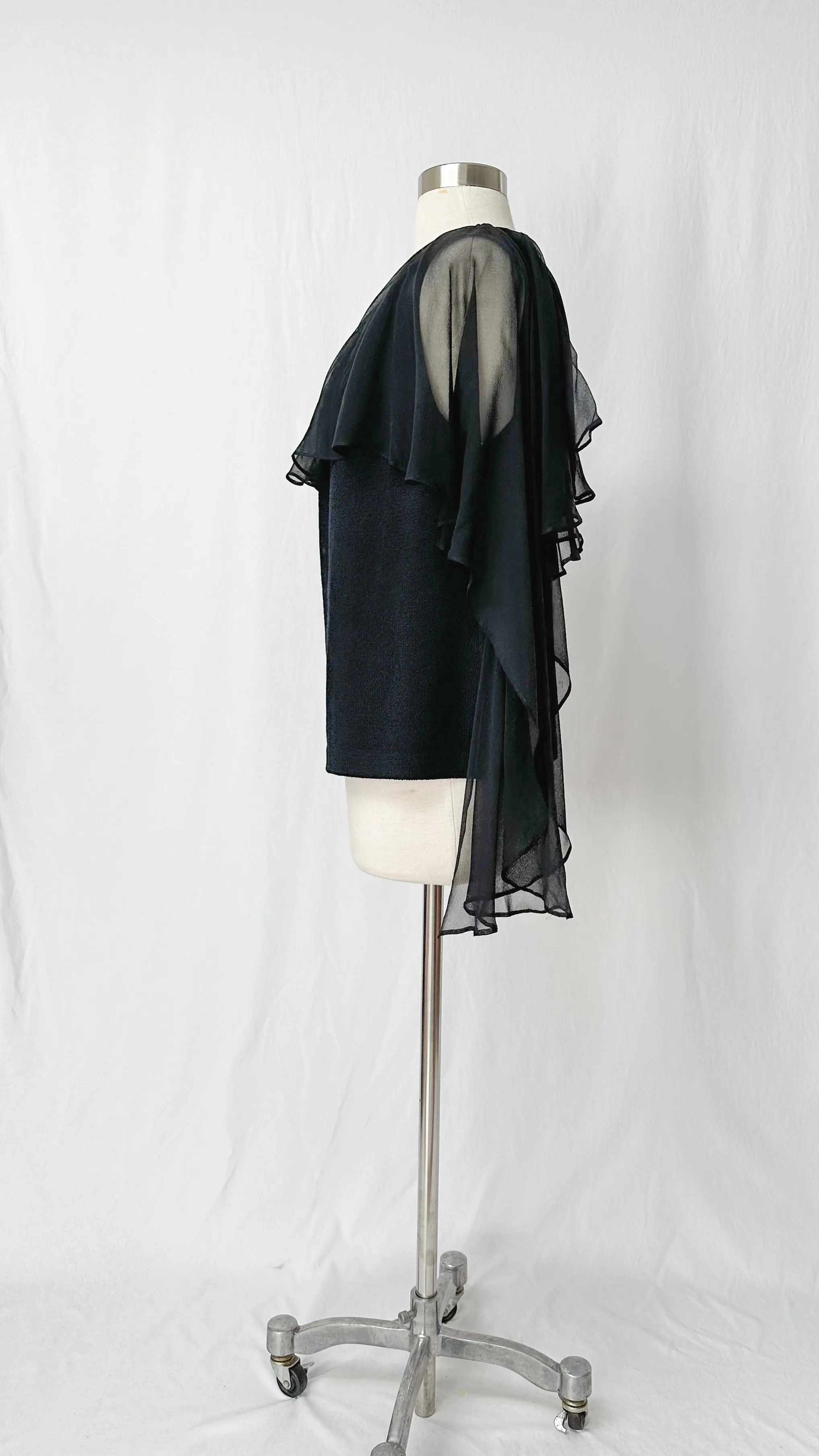 St. John Black Knit & Chiffon Single Shoulder Top (12 or L)