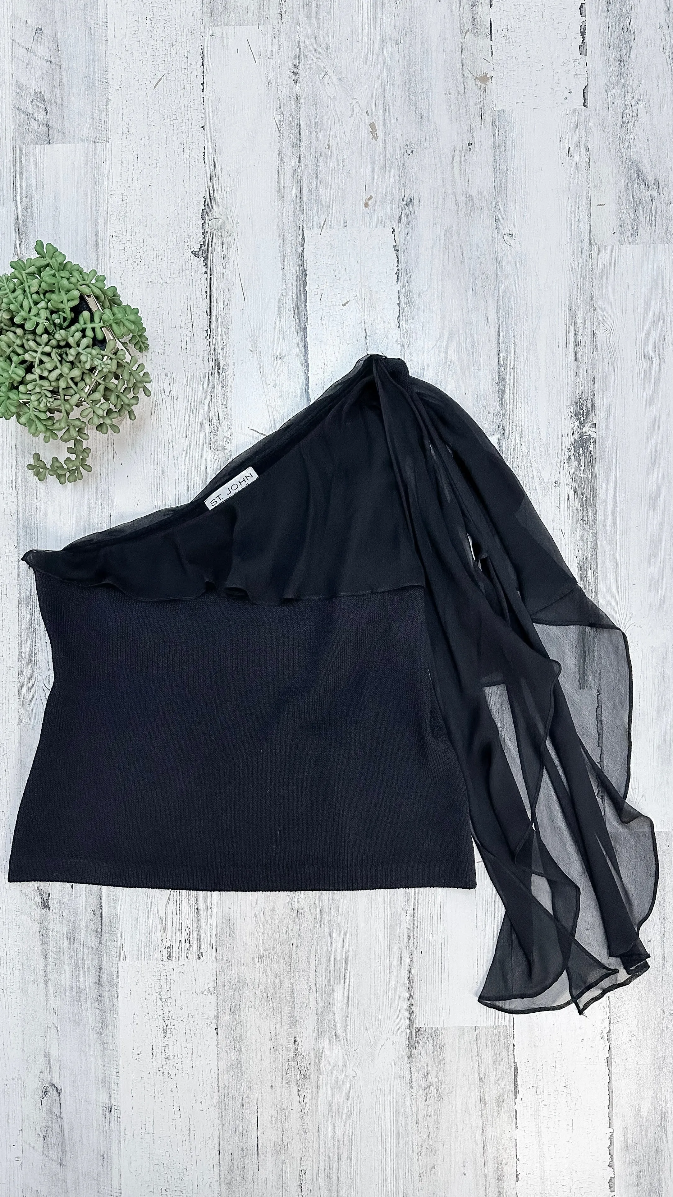 St. John Black Knit & Chiffon Single Shoulder Top (12 or L)