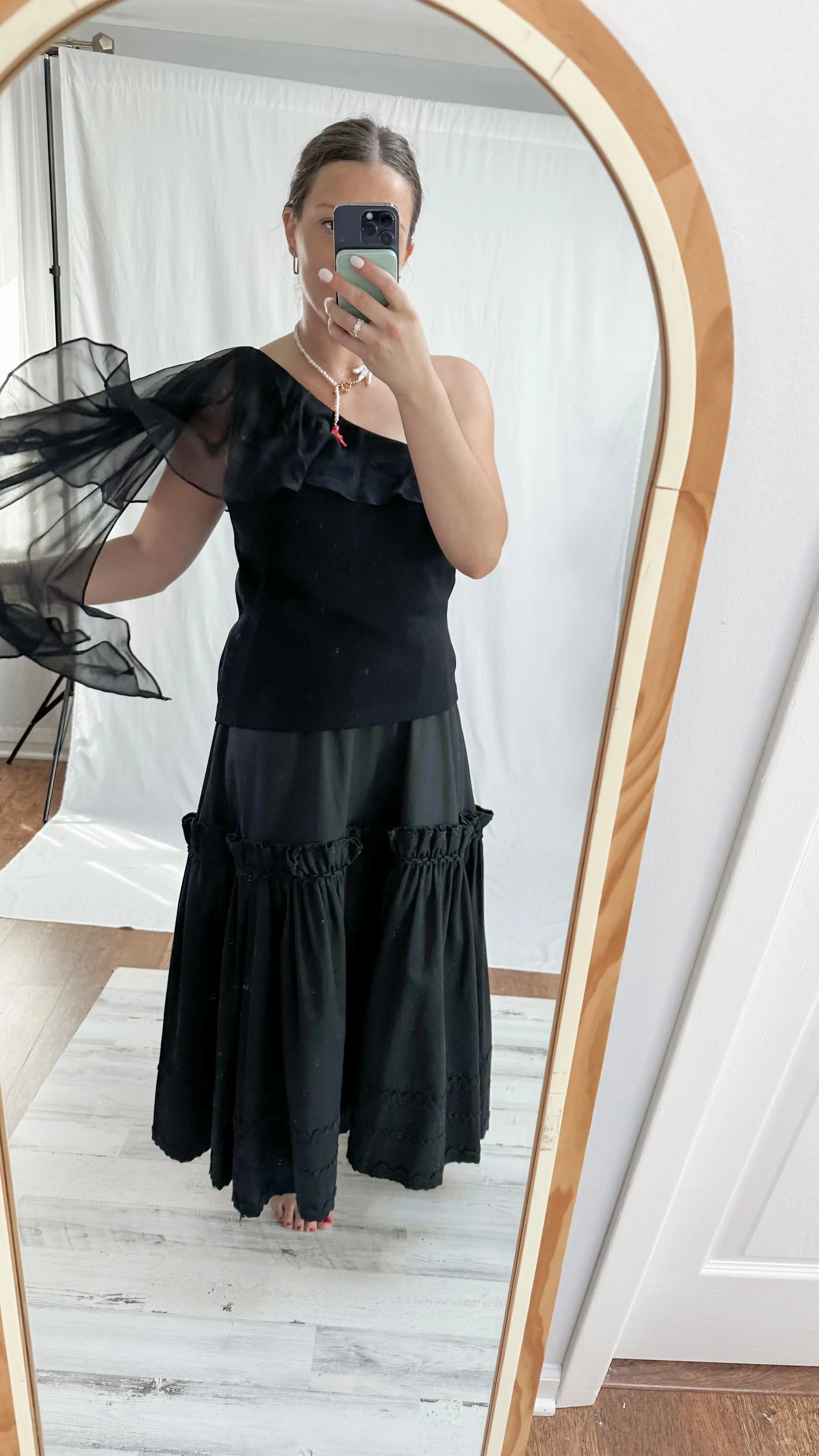 St. John Black Knit & Chiffon Single Shoulder Top (12 or L)
