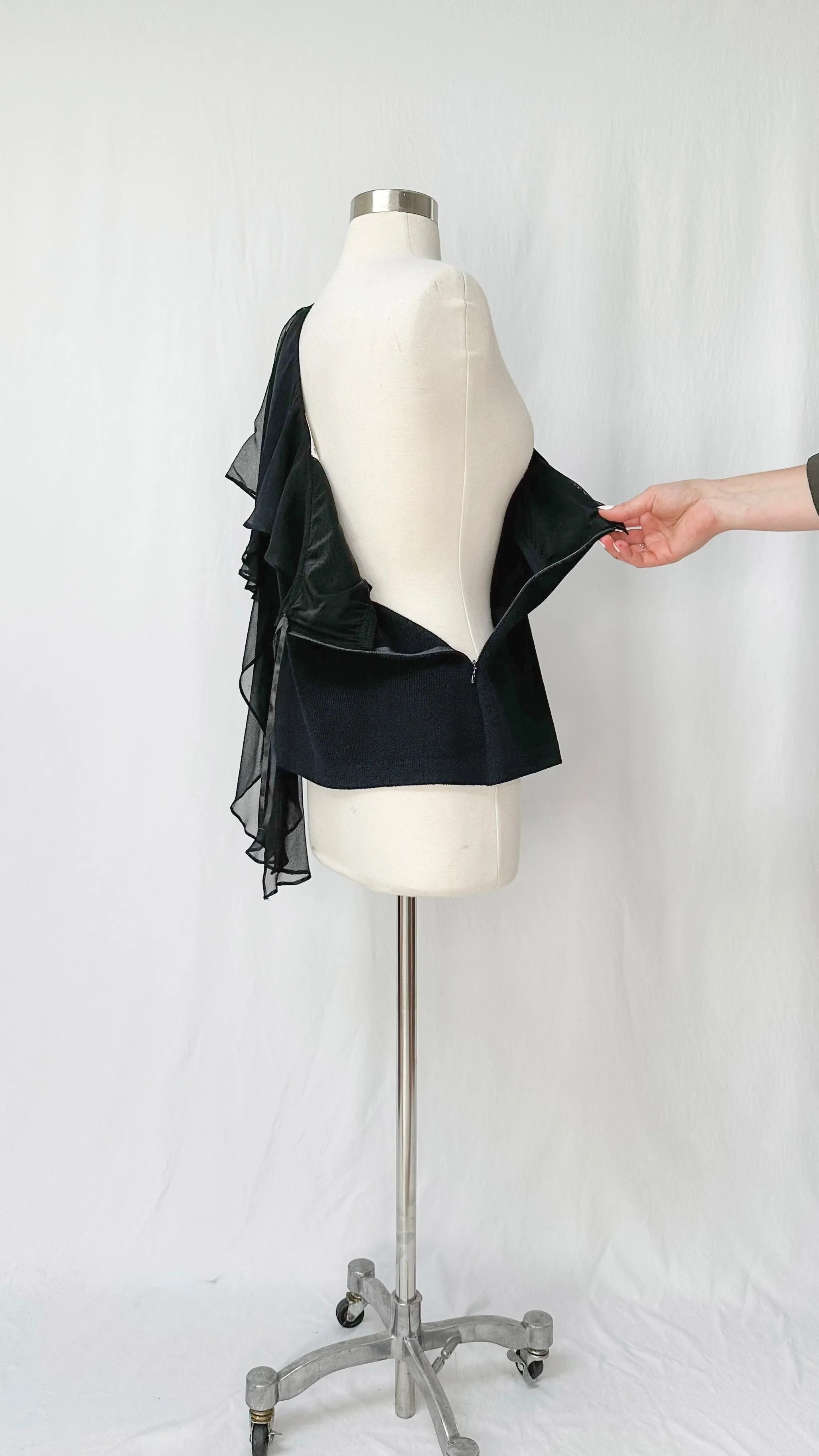 St. John Black Knit & Chiffon Single Shoulder Top (12 or L)