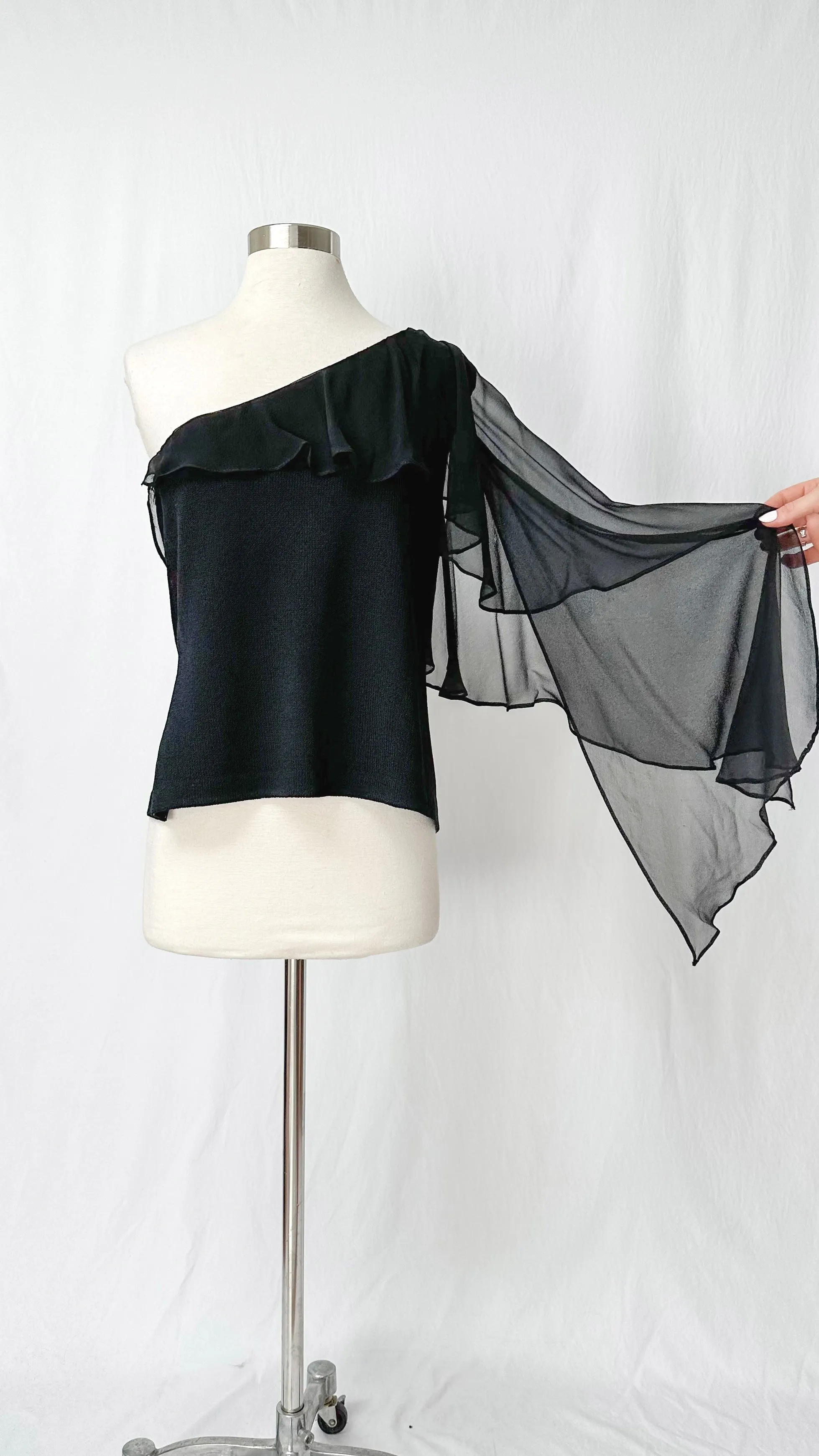 St. John Black Knit & Chiffon Single Shoulder Top (12 or L)