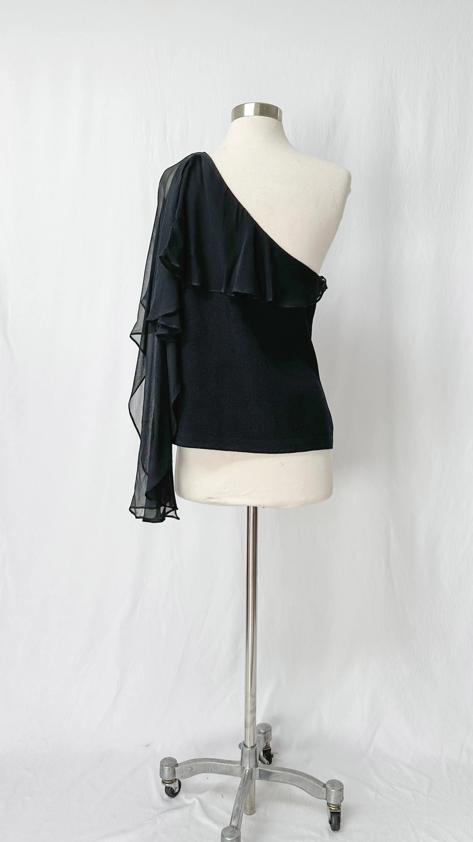 St. John Black Knit & Chiffon Single Shoulder Top (12 or L)